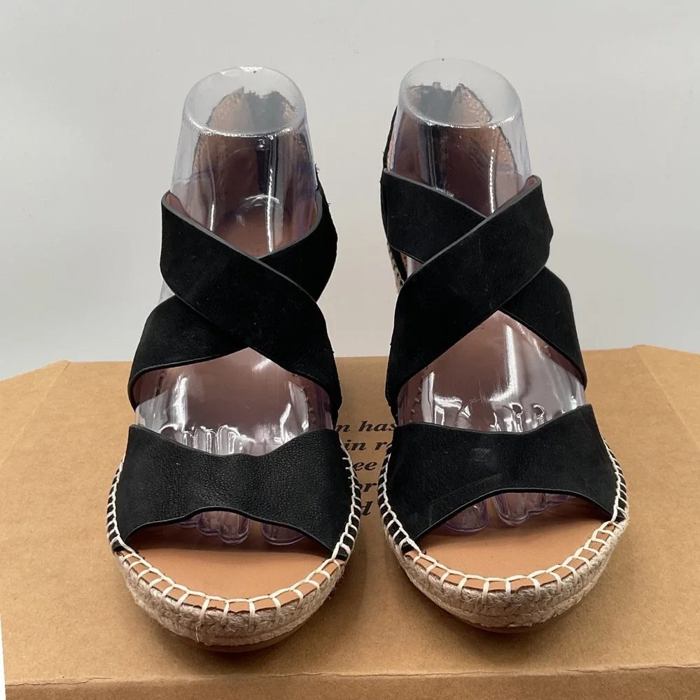 Gentle Souls Kenneth Cole Black Leather Espadrille Wedge Sandals Womens 9M